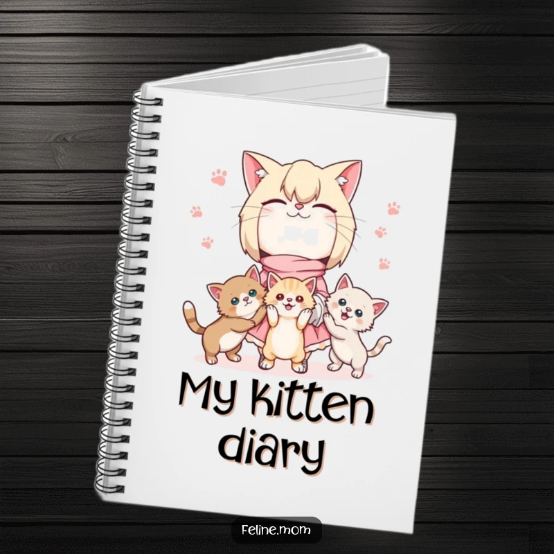 Funny Kawaii cat lady notebook featuring a cute character juggling three playful kittens, perfect for jotting down creative and cat-themed thoughts.