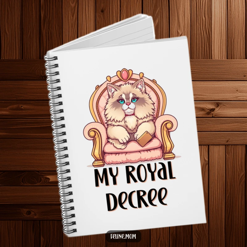 Funny Maine Coon notebook cover showing a fluffy cat elegantly enthroned, ready to document decrees with hilarious, majestic authority.