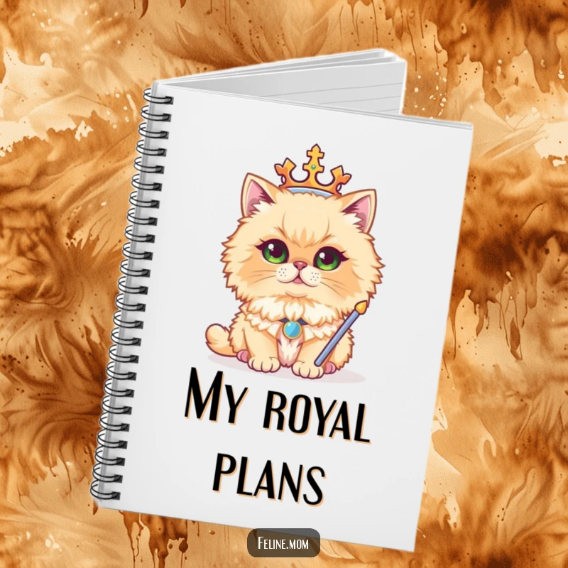 Funny notebook with a regal Persian cat wearing a crown and sceptre, perfect for jotting down thoughts with majestic humor.