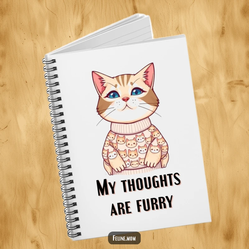 Funny cat lady notebook designed like a sweater with small cat faces, perfect for writing notes.