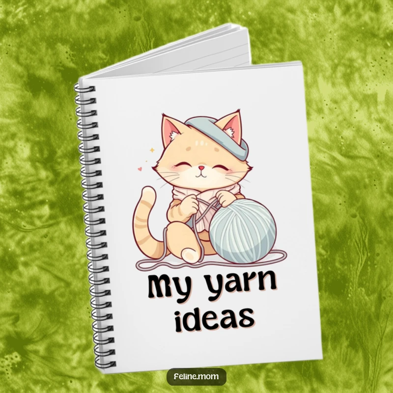 Funny cat lady knitting a giant ball of yarn sits on the cover of a notebook, inspiring users to record their creative yarn projects.