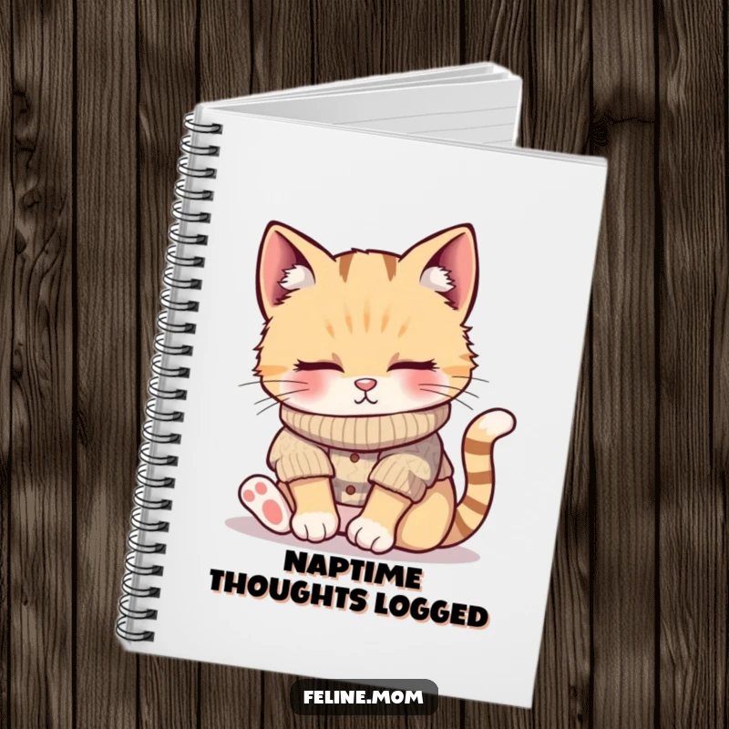 Funny notebook featuring a cat in a knitted sweater, napping peacefully in a sunbeam, perfect for journaling and as a funny gift.