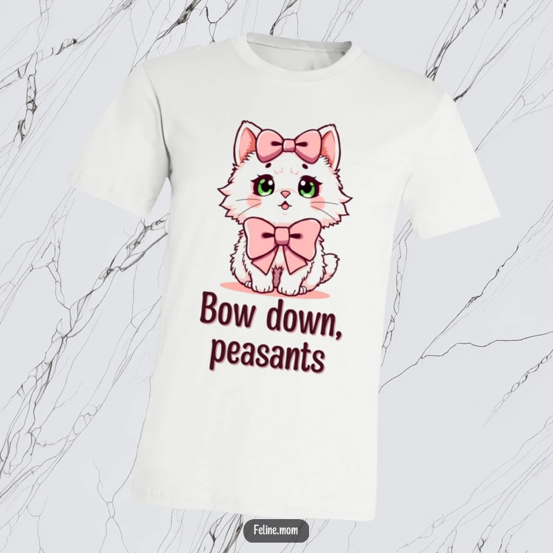 Funny t-shirt of a fluffy cat looking shocked while wearing a comically large bow, perfect for gifting.