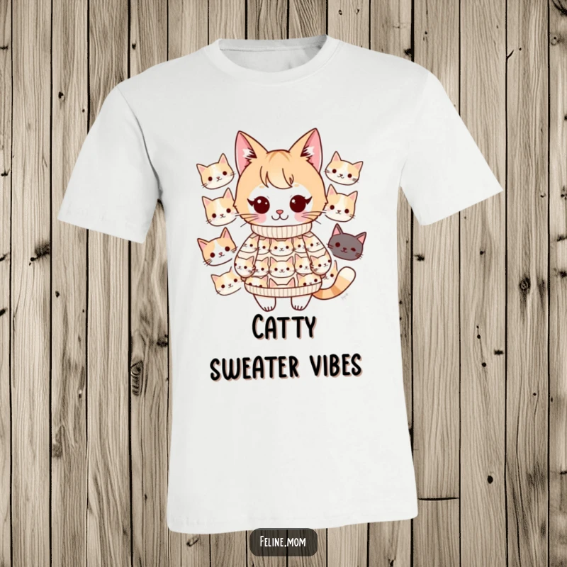 Funny Kawaii cat lady character in a sweater covered in cute cat faces, showcasing a fun and quirky fashion sense. Ideal for cat moms.