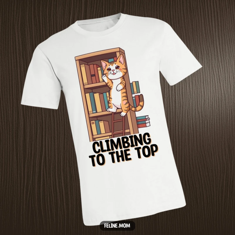 Funny determined tabby cat trying to climb a super tall bookshelf, a funny gift for adventurous readers.