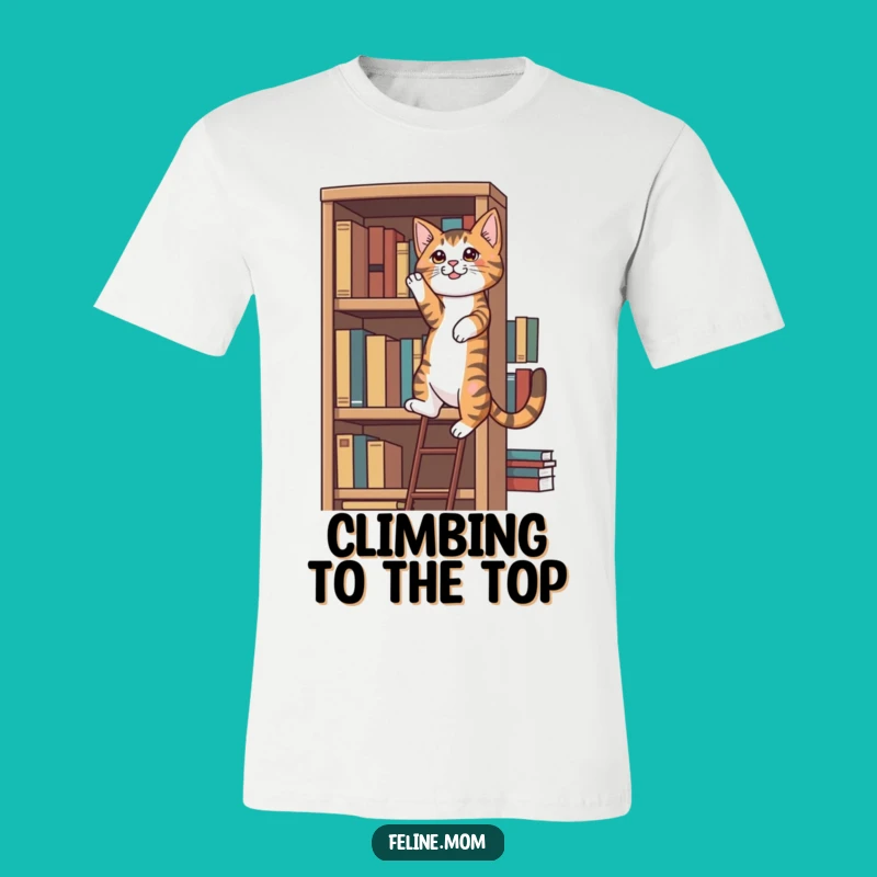 Funny Tabby Cat T-Shirt: Determined Bookshelf Climber Tee