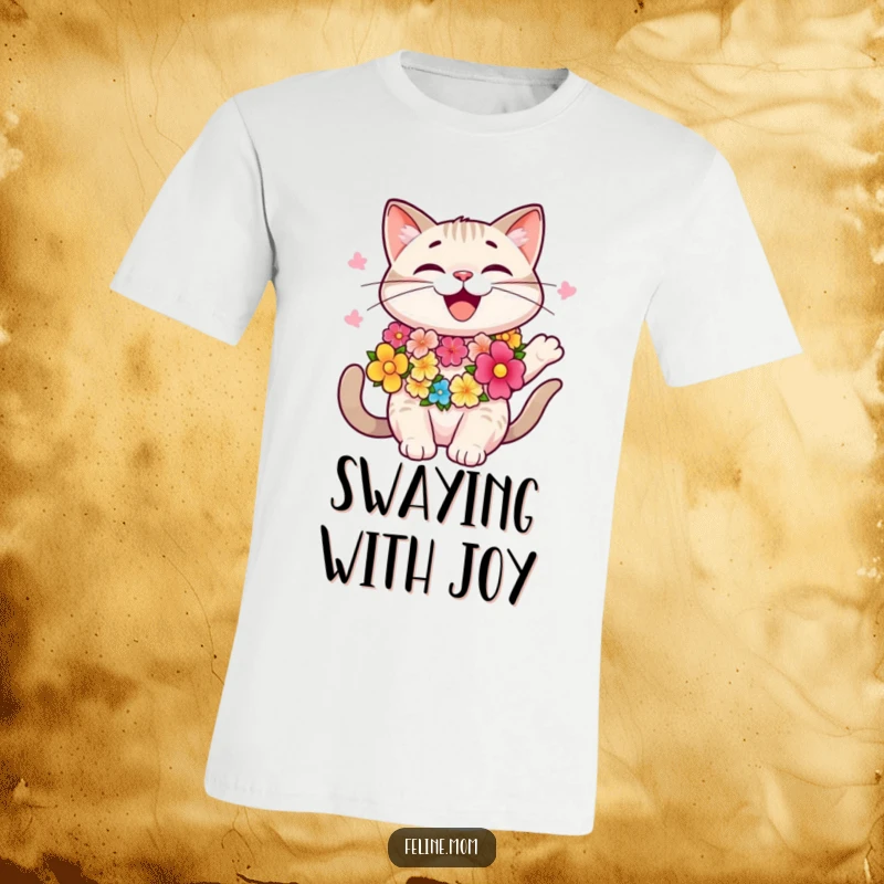 Funny happy cat wearing a colorful lei, swaying to music, dancing, groovy, funny t-shirt, summer vibe.