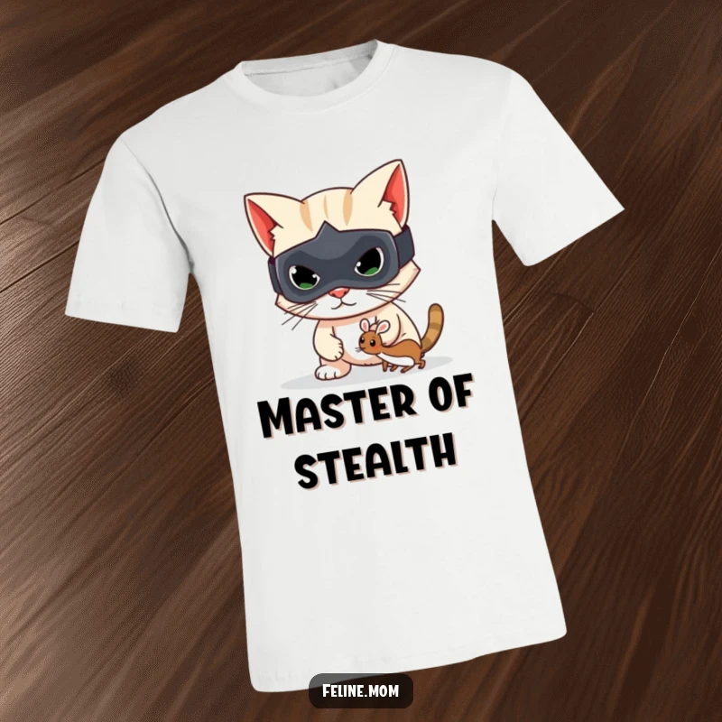 Funny t-shirt with a mischievous cat bandit wearing a mask, sneaking away with a toy mouse, perfect for gifting.