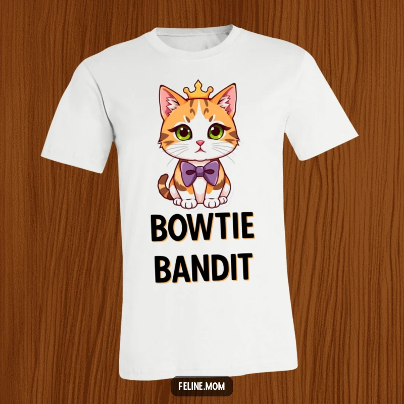 Funny T-Shirt: a distinguished calico cat sporting a smart bowtie, exuding regal confidence and charm.
