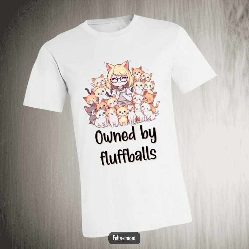 Funny cat lady happily surrounded by a playful mob of adorable kittens on a comfortable t-shirt, celebrating cat adoration.