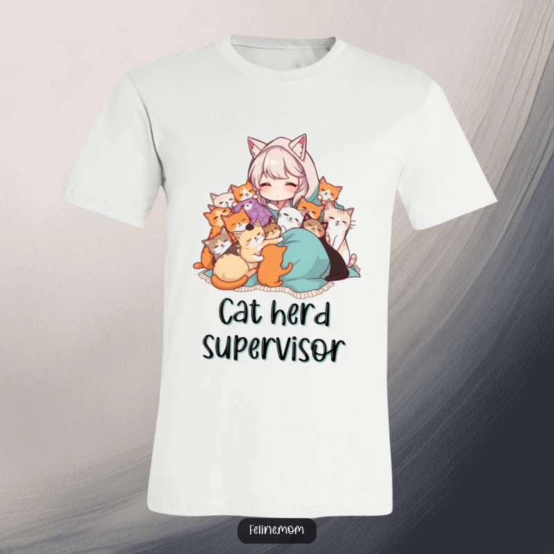 Funny Cat Lady t-shirt with a woman in a blanket being cuddled by many cats. Comfortable and humorous apparel for cat lovers.