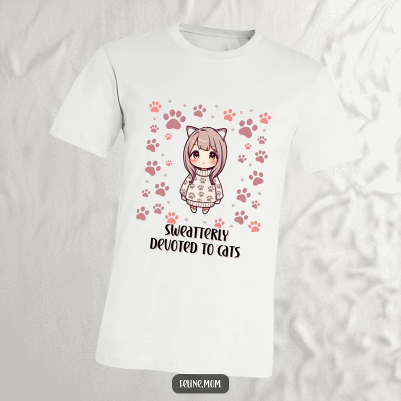 Funny t-shirt designed as a cozy sweater with all-over cat paw prints, perfect for cat enthusiasts seeking humorous and stylish apparel.