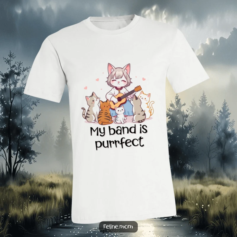 Funny T-Shirt: A woman plays a small guitar, enchanting a cluster of attentive cats with her sweet serenade.