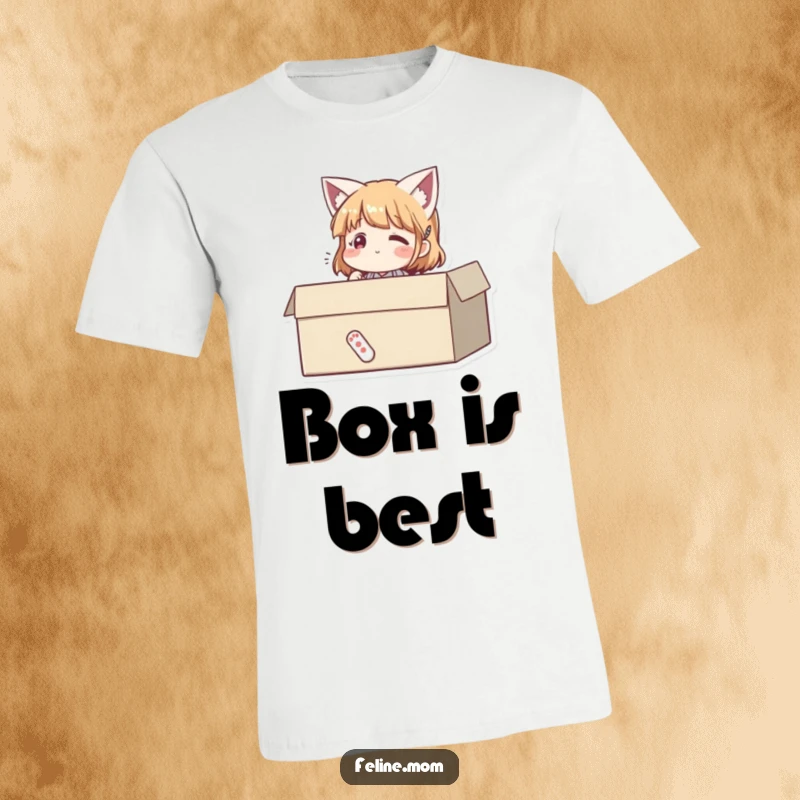 Funny t-shirt depicting a woman sitting happily inside a cardboard box, looking perfectly content. A humorous and relatable design.