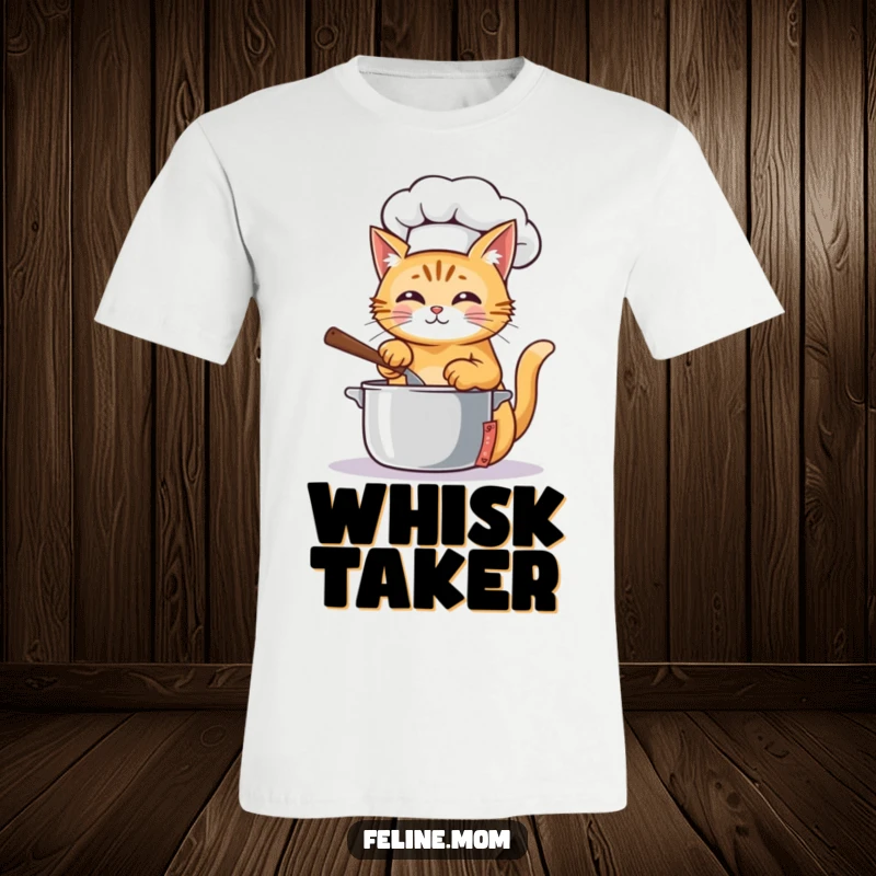 Funny T-Shirt of a ginger cat wearing a chef hat, enthusiastically stirring a pot, embodying culinary passion.