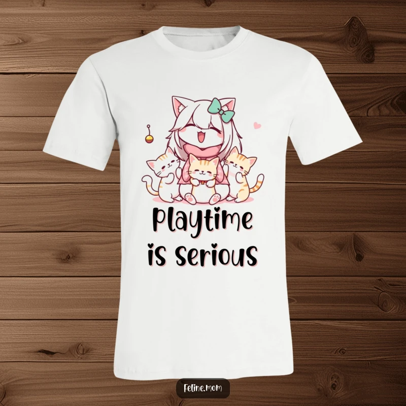 Funny Kawaii Cat Lady T-Shirt showing a sweet character watching cats joyfully bat at a dangling toy.