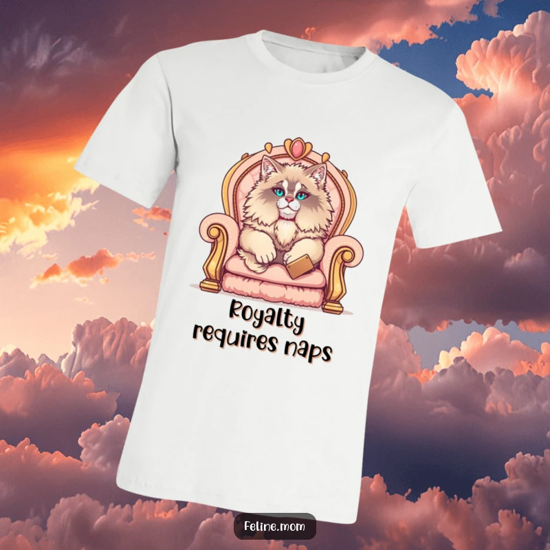 Funny Maine Coon t-shirt showing a fluffy cat elegantly lounging on a luxurious throne, exuding an air of supreme, hilarious authority.