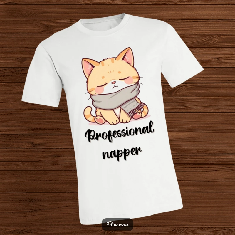 Funny t-shirt graphic of a contented cat wearing a small scarf, deep in a peaceful nap. Ideal for lovers of comfort and humor.