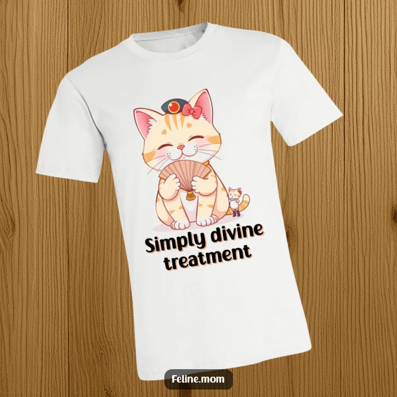 Funny pampered cat t-shirt depicting a lounging feline being fanned by a tiny attendant, symbolizing hilarious, extreme pet luxury.
