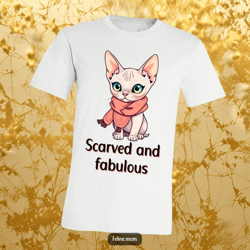 Funny Sphynx cat t-shirt featuring a curious, hairless cat wearing an elaborate scarf, exuding confidence and hilarious, high-fashion flair.