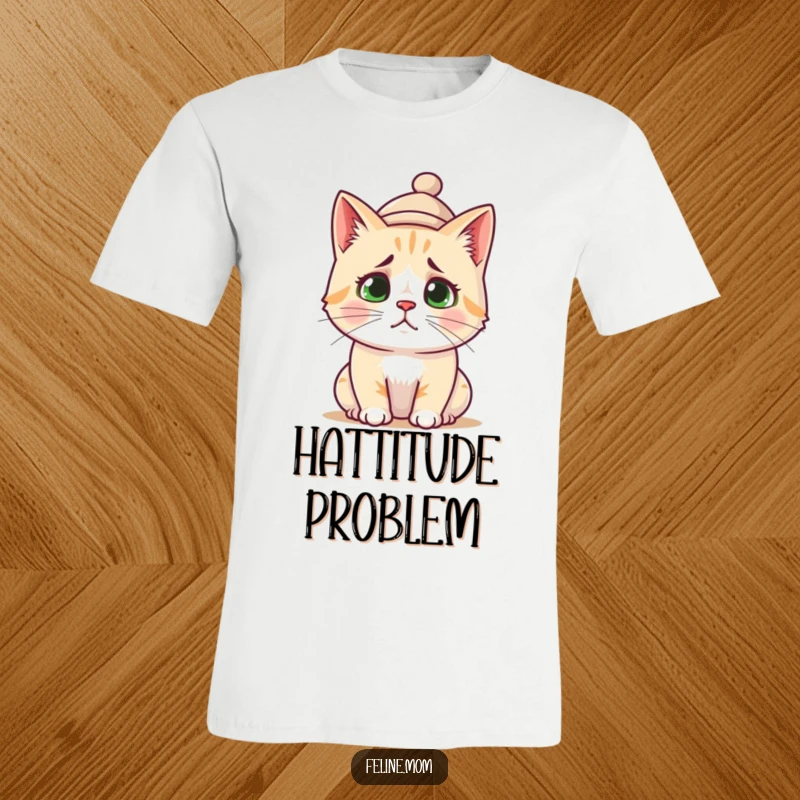 Funny T-Shirt: A cute cat with a small hat on its head looks utterly confused and endearing.
