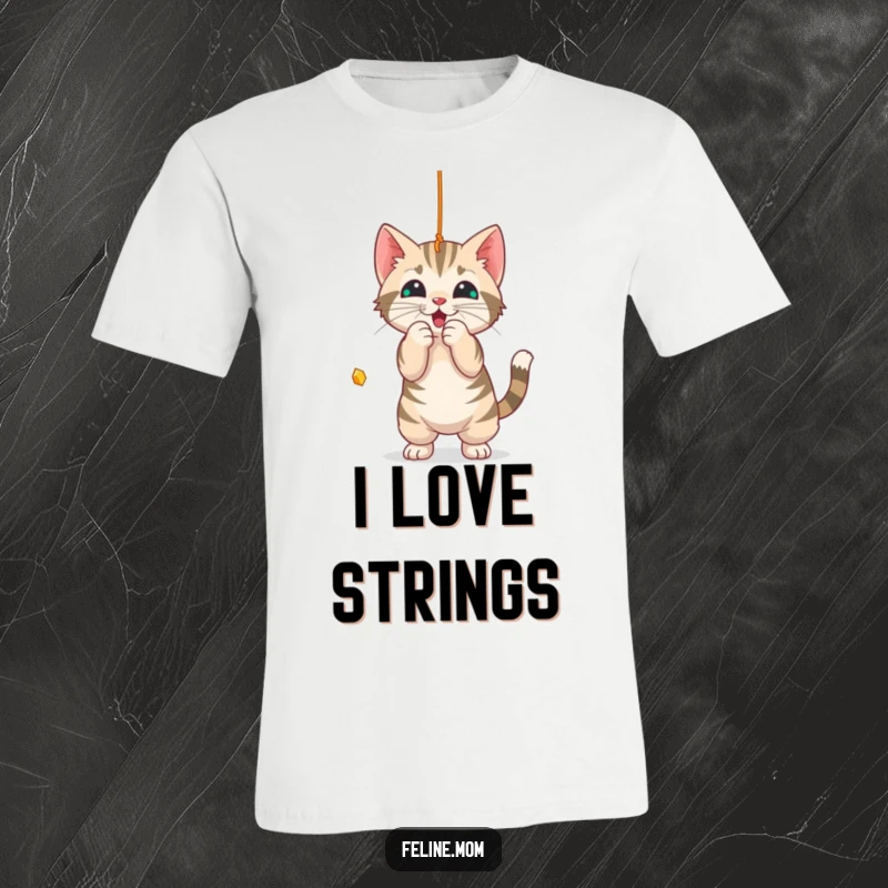 Funny T-Shirt: A cute tabby cat is captured in mid-play, batting at a dangling string with excitement.