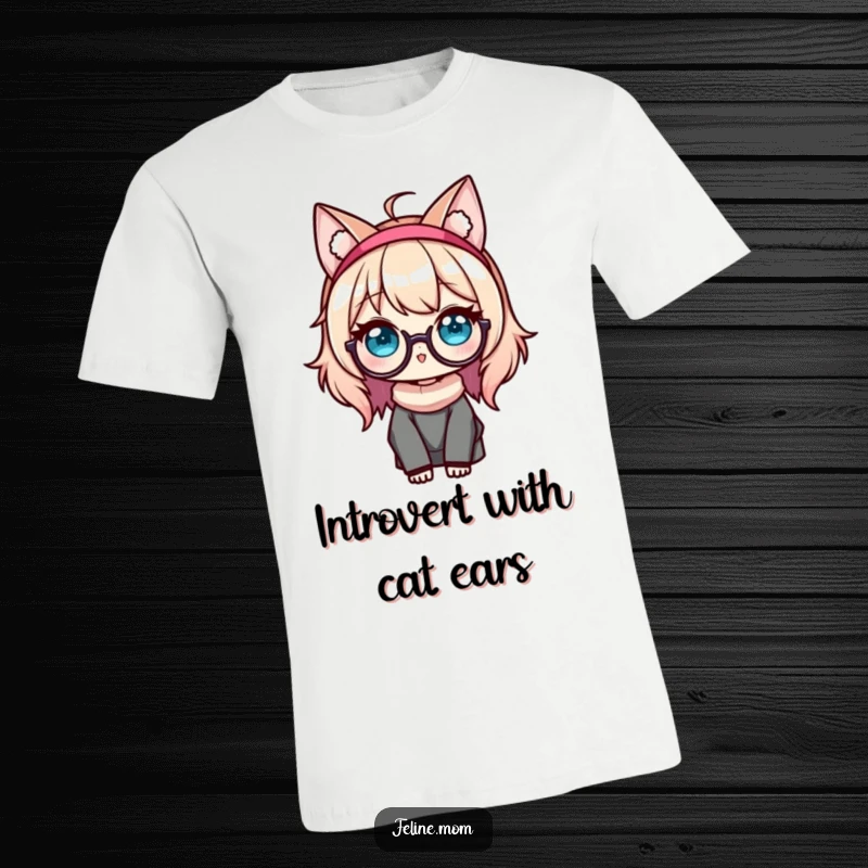 Funny Kawaii Cat Lady T-Shirt showcasing a sweet character with cat ears and glasses, radiating a studious yet playful aura.