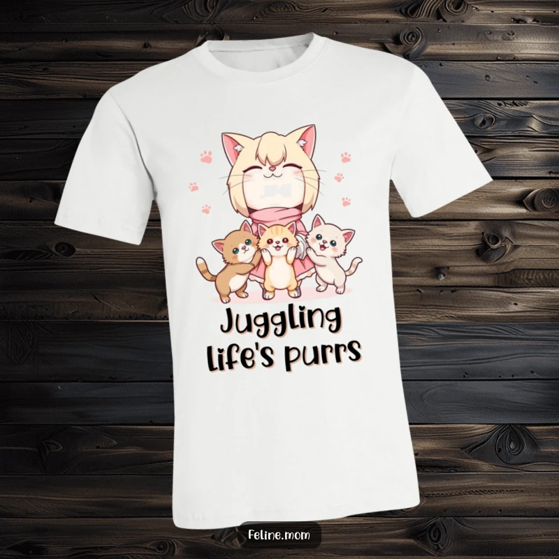 Funny Kawaii cat lady t-shirt featuring a cute character expertly juggling three energetic kittens, showcasing a love for feline fun.