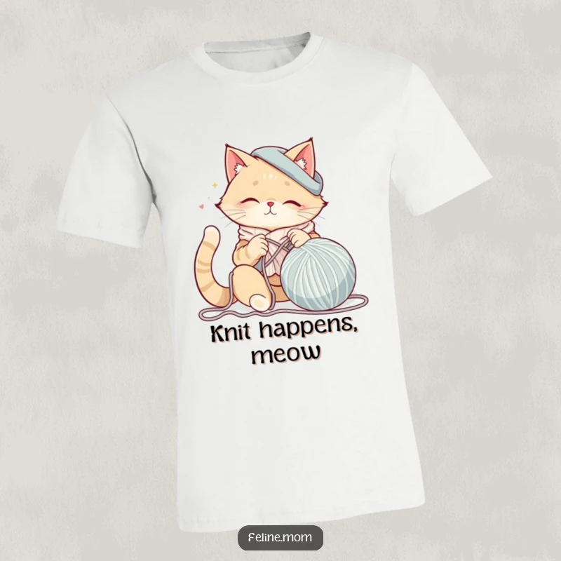 Funny cat lady character happily knitting a giant ball of yarn on a comfortable t-shirt, celebrating the joys of crafting and cats.