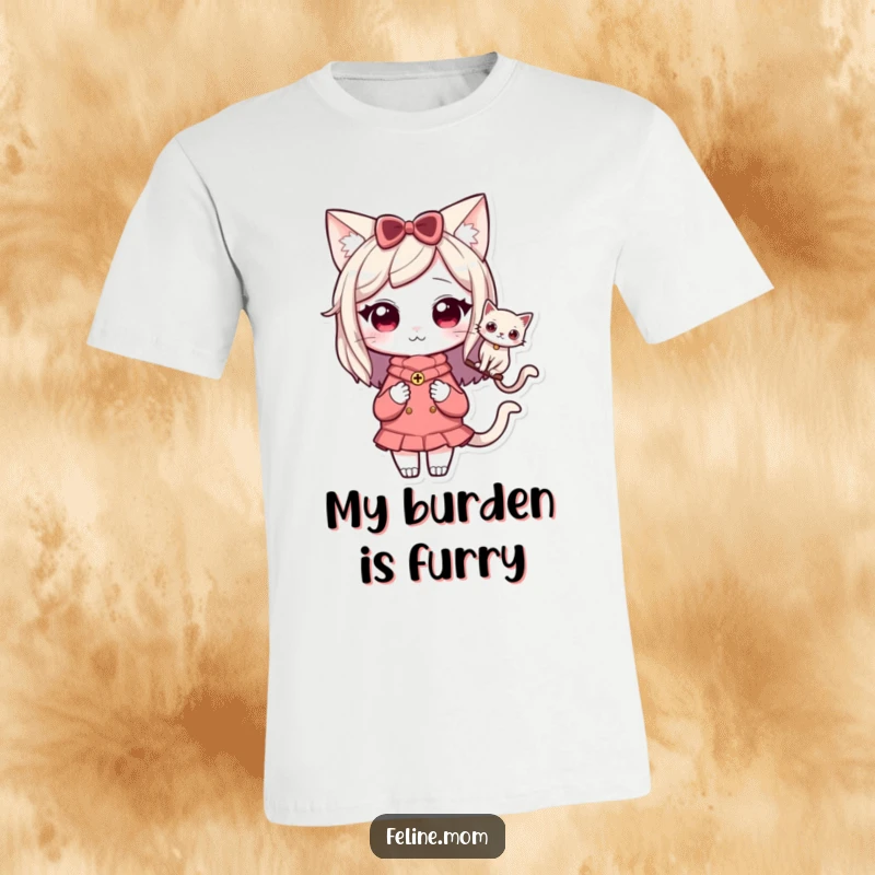 Funny Kawaii Cat Lady T-Shirt depicting a sweet character with a cat sitting serenely on her shoulder, emphasizing friendship.