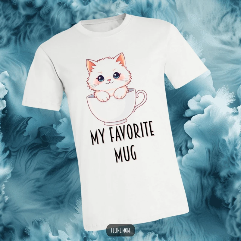 Funny Fluffy Cat Teacup T-Shirt: A charming white cat relaxes inside a oversized teacup, showcasing a whimsical and comfortable design.