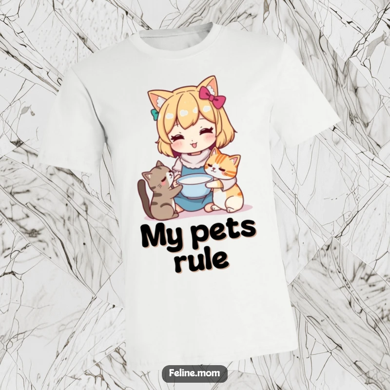 Funny Kawaii cat lady character holding out a bowl of milk to a cat. A T-shirt design celebrating cat care.