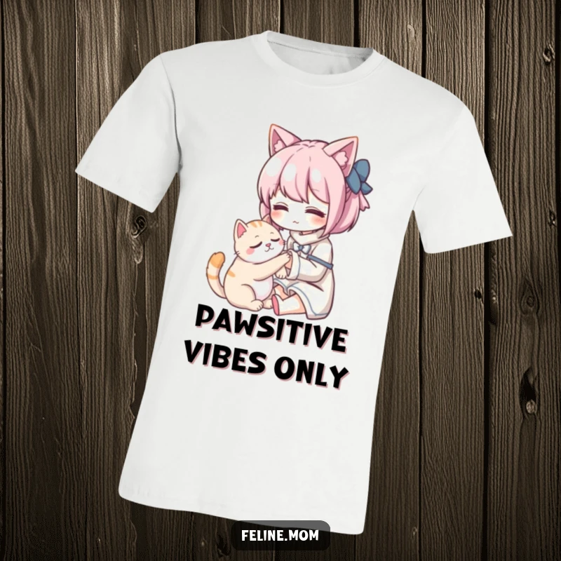 Funny Kawaii cat lady character tenderly stroking a contented, purring cat. A T-shirt design celebrating feline affection.