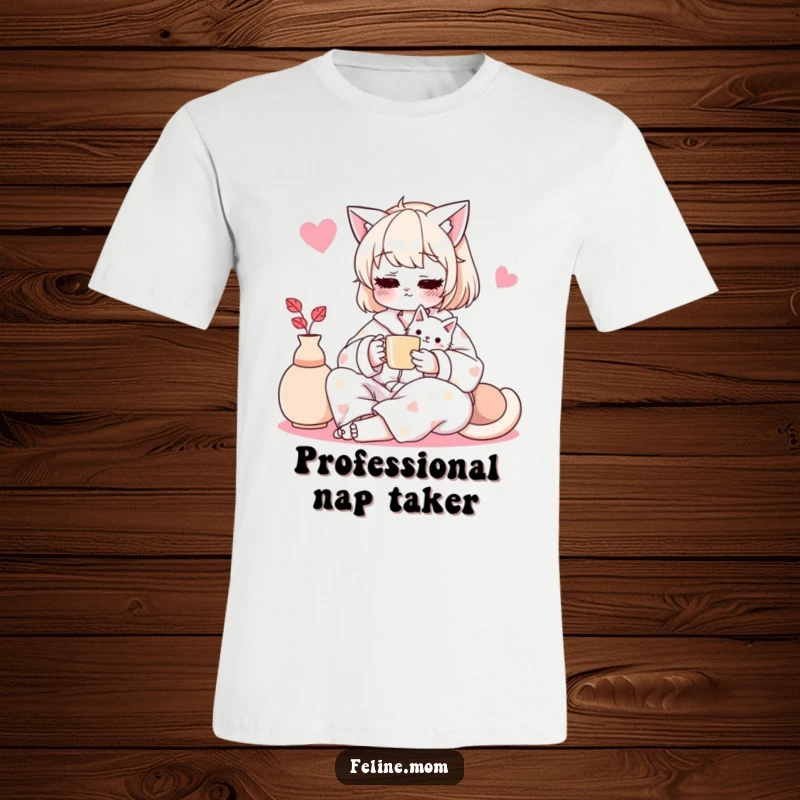 Funny cat lady in comfy pajamas enjoying a cup of tea with her cat, printed on a soft t-shirt.