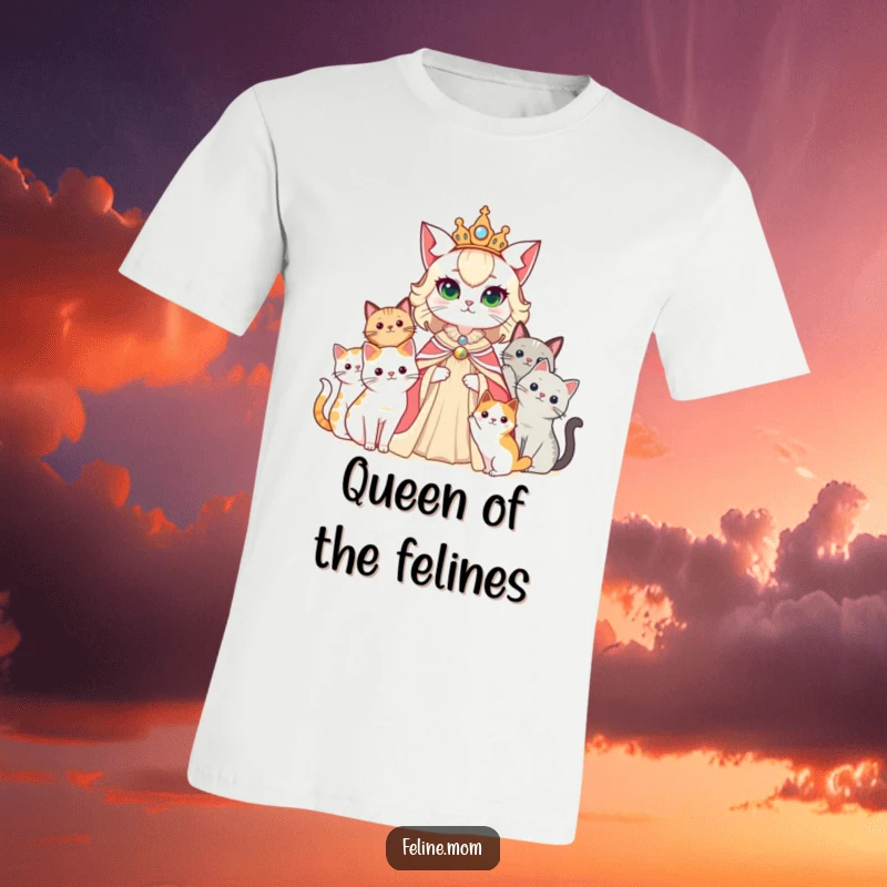 Funny cat lady depicted as a queen, surrounded by her cat courtiers, featured on a humorous t-shirt.