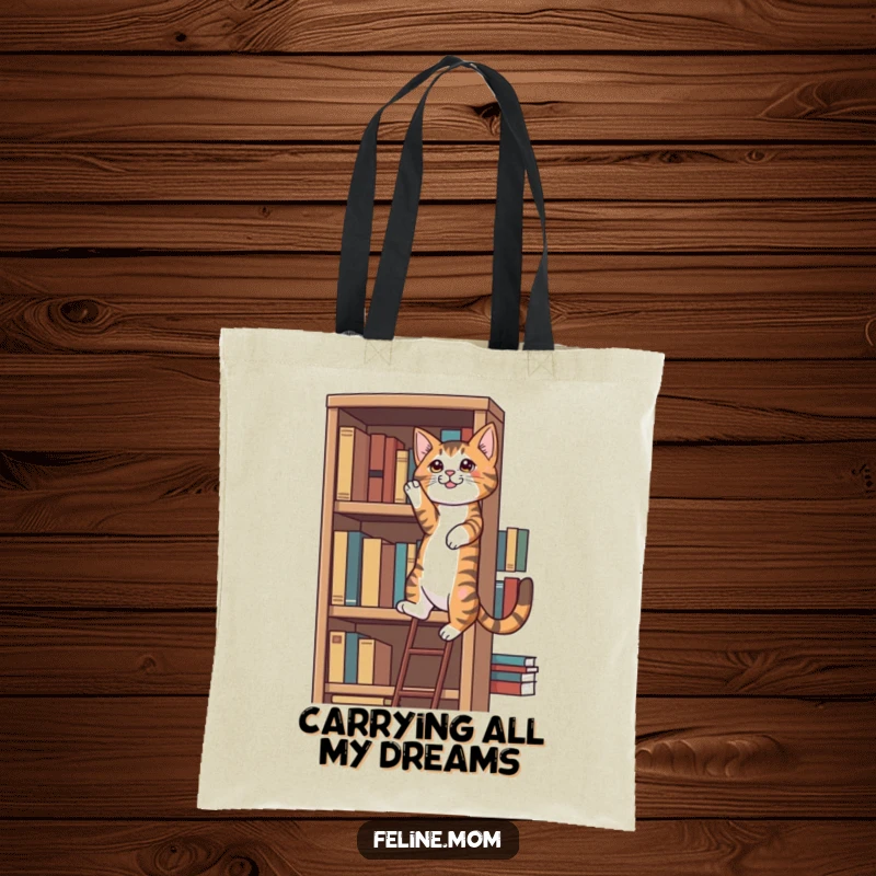 Funny tabby cat determinedly climbing a tall bookshelf, a practical tote and funny gift.