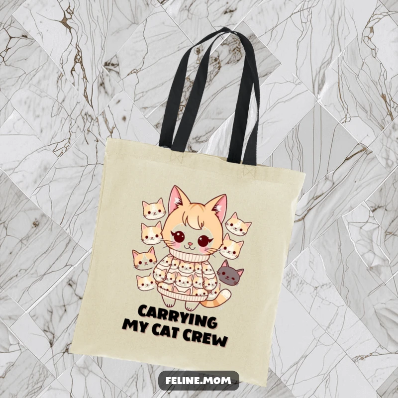 Funny Kawaii cat lady character, wearing a sweater full of cats, holding a large tote bag. Perfect for groceries or cat toys.