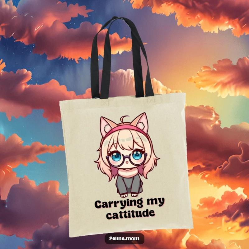 Funny Kawaii Cat Lady Tote Bag showing a cute character with cat ears and glasses, ready for shopping or daily travels.