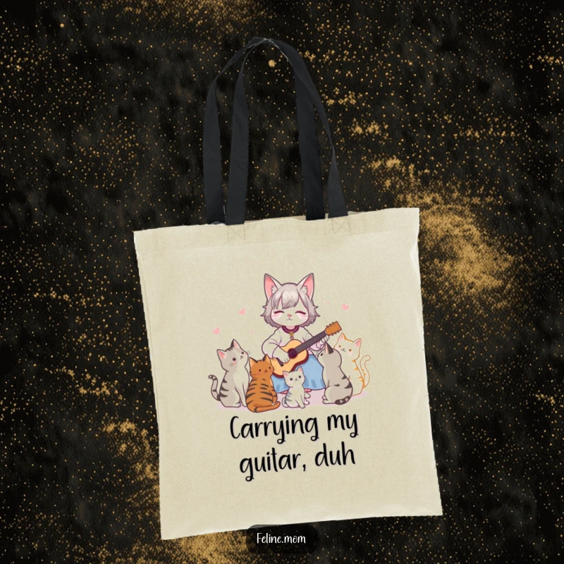 Funny Tote Bag: A woman plays a small guitar while singing to a group of mesmerized cats.
