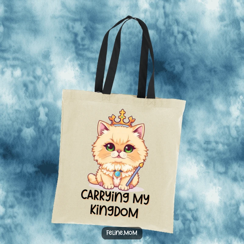Funny tote bag featuring a regal Persian cat wearing a crown and holding a sceptre, perfect for stylish and humorous shopping.