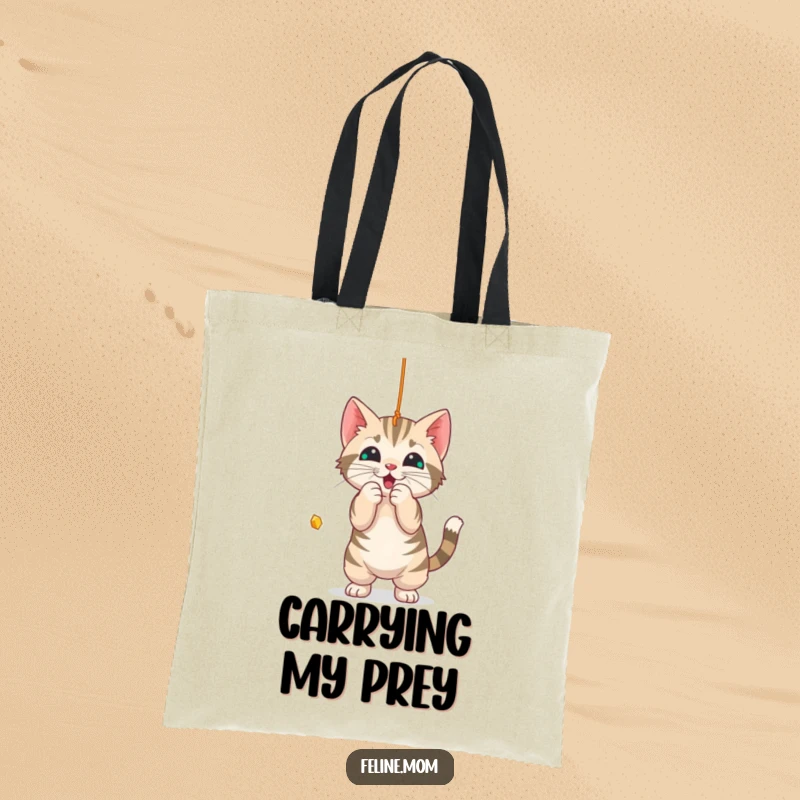 Funny Tote Bag: A playful tabby cat batting at a string, perfect for carrying your daily items.