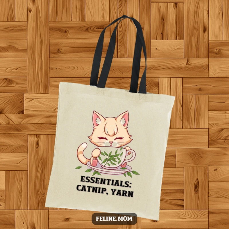 Funny illustration of a cat lady attempting to drink from a teacup filled with catnip, on a tote bag.