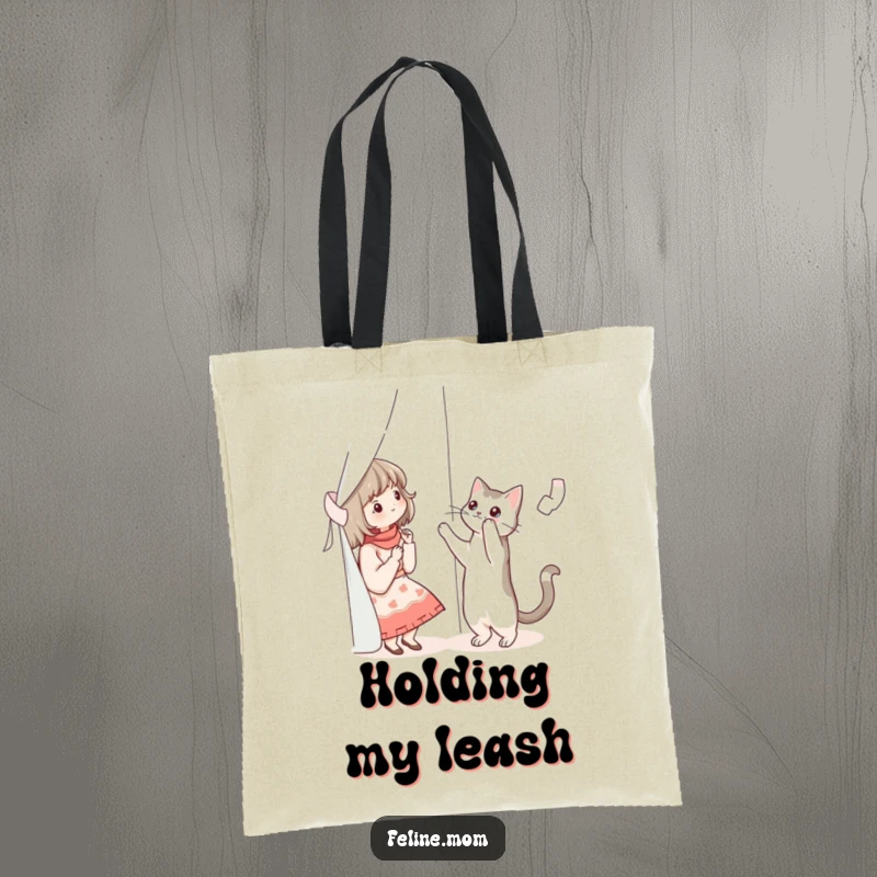 Funny illustration of a cat lady reaching for a cat climbing a curtain, on a reusable tote bag.