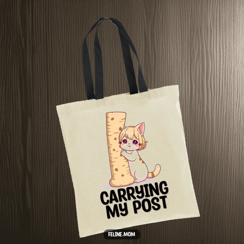 Funny illustration of a cat lady with a giant scratching post as her companion, on a tote bag.