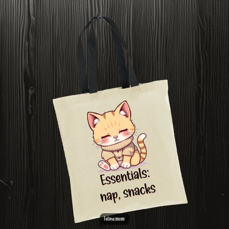 Funny tote bag with a cozy cat wearing a knitted sweater, sleeping peacefully in a sunbeam, perfect for carrying essentials with style and humor, great gift.