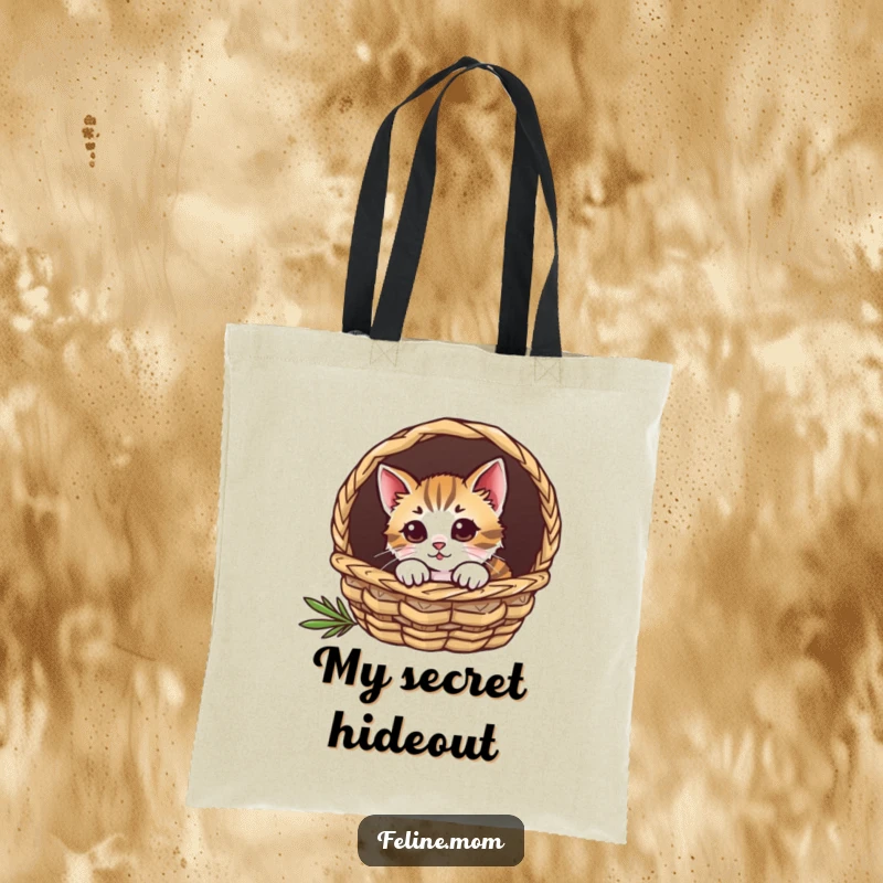 Funny cat tote bag illustration of a curious cat peeking out from a cozy basket.