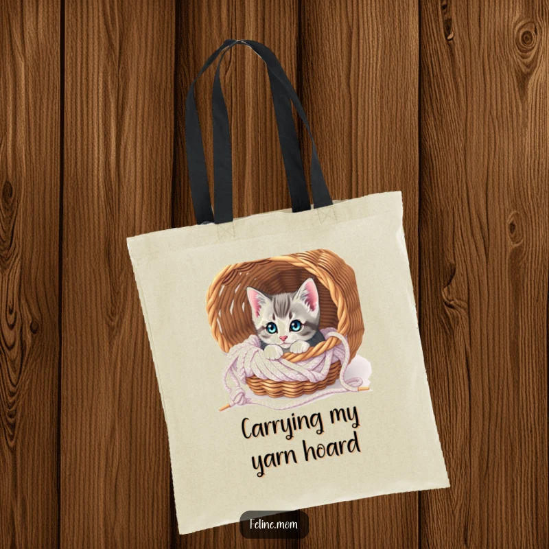 Funny Curious Kitten Knitting Tote Bag: A playful kitten peeks out from a knitting basket, ready to carry your essentials.