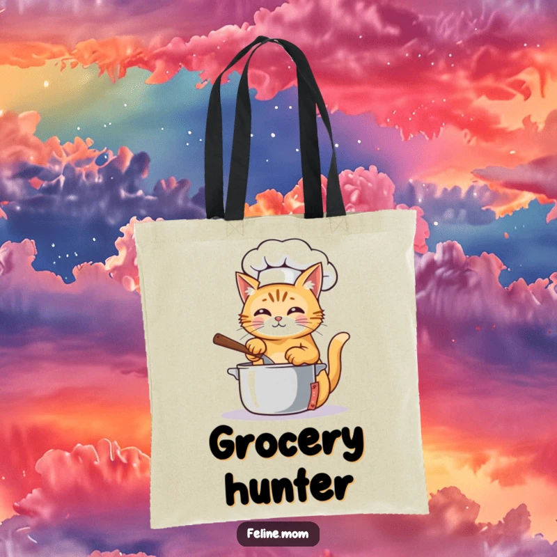 Funny Tote Bag with a ginger cat chef in a hat, stirring a pot, perfect for carrying groceries with flair.