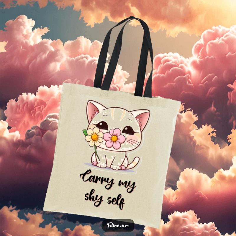 Funny tote bag showcasing a shy cat with a flower, its face partially hidden as it peeks out. An adorable and humorous accessory.