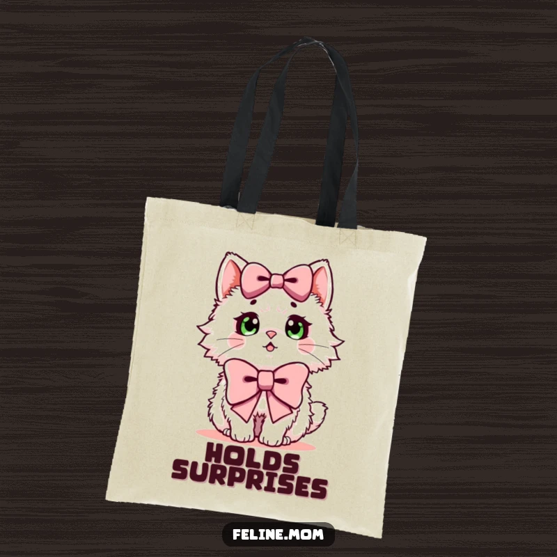 Funny tote bag with a fluffy cat looking surprised while wearing a large bow, perfect for everyday use.